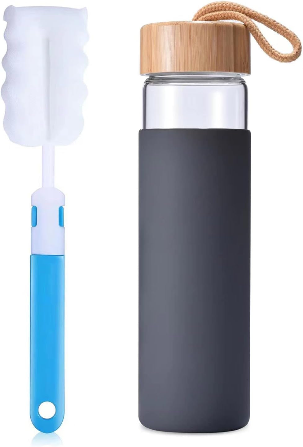 20 Oz Borosilicate Glass Water Bottle with Bamboo Lid and Silicone Sleeve – Reusable BPA Free Drinking Bottle with Lids - Cute Bottle for Women - Glass Shaker Bottle (Charcoal Grey)