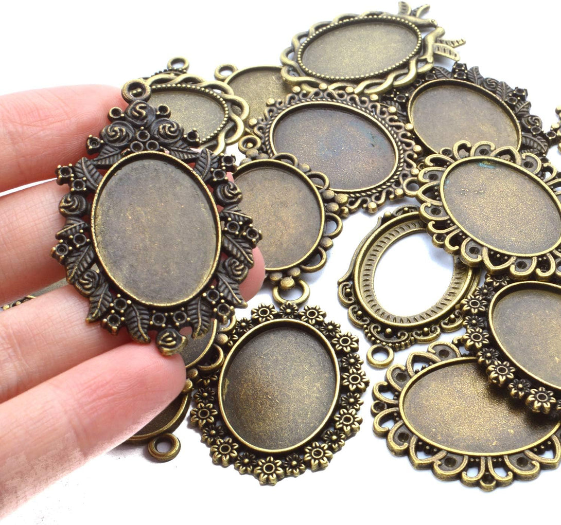 18 Pieces Bezel Pendant Trays, 25 X 18Mm Oval Pendant Trays Bezels Cabochon Settings Trays Pendant Blanks for Crafting DIY Jewelry Making - 9 Styles, Antique Bronze