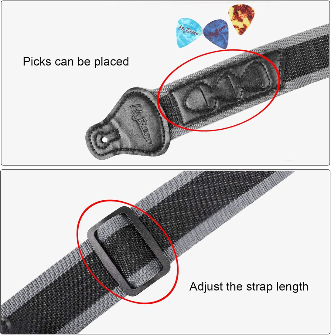 Mr.Power Guitar Strap 36.6In - 65In with 3 Pick Holders for Electric Acoustic Guitar, Nylon Strap for Your Family Friend Love Guitarists