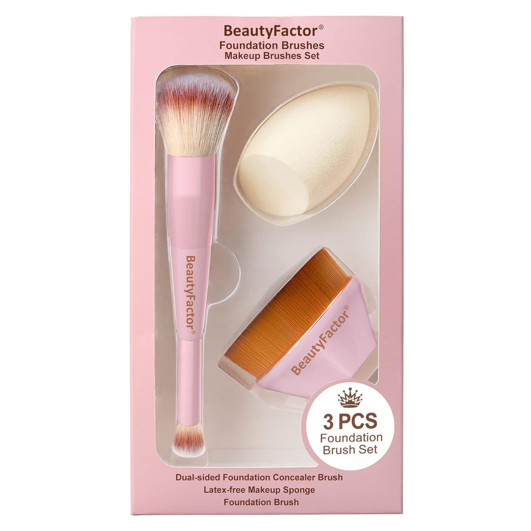 Makeup Brushes Set - 3 Piece Kabuki, Blush, and Concealer Blending Brushes with Sponge for Foundation, Cream, and Powder - Professional Quality, Soft Bristles for Flawless Application(Pink)