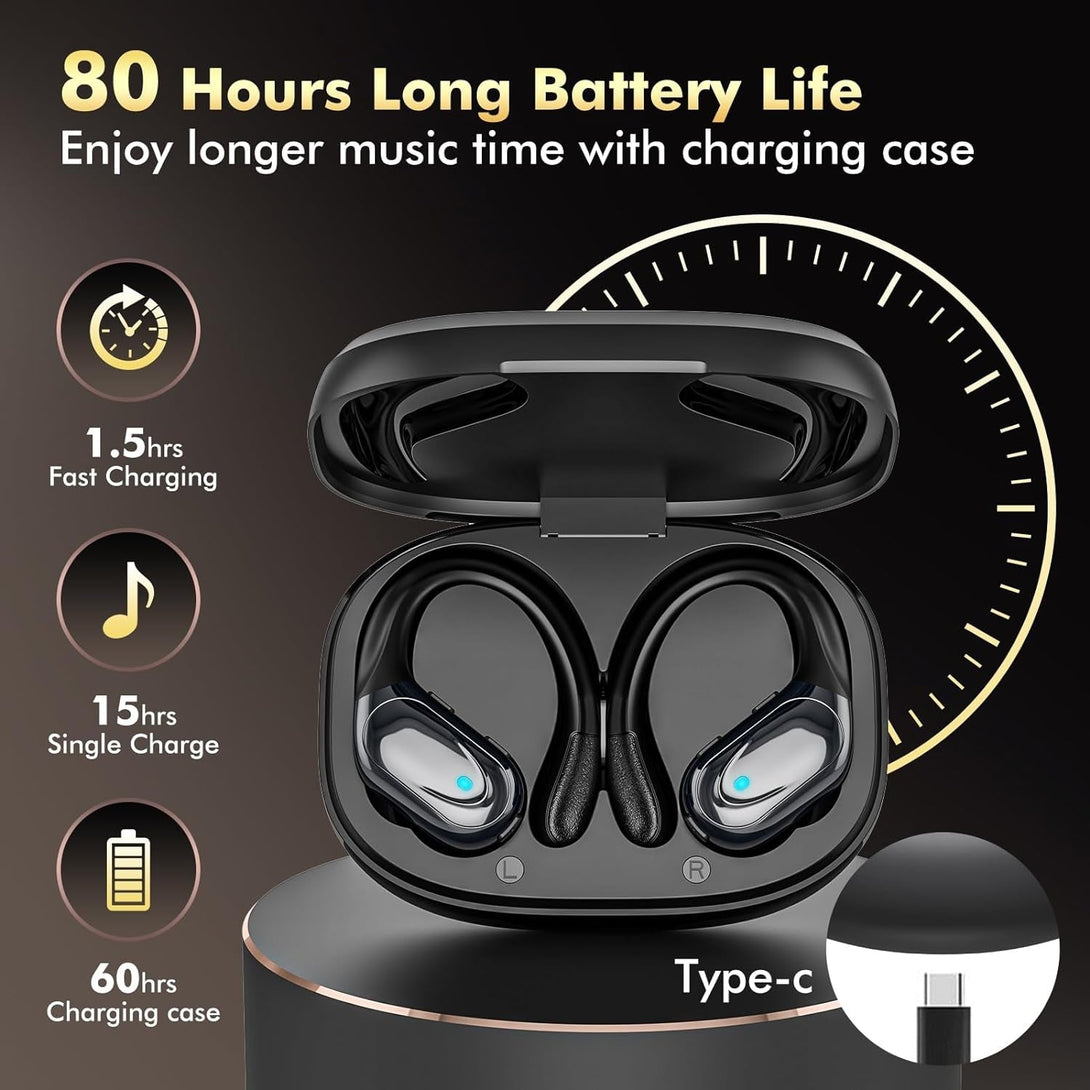 Catitru Wireless Earbuds Bluetooth Headphones 80H Playback Ear Buds Power Display with Noise Canceling Mic with Earhooks for Sports/Workout - Black