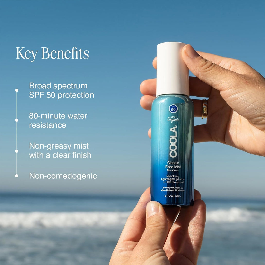 COOLA Organic Sunscreen SPF 50 Sunblock Face Mist, Dermatologist Tested Skin Care for Daily Protection, Vegan and Gluten Free, Natural Fragrance, 3.4 Fl Oz