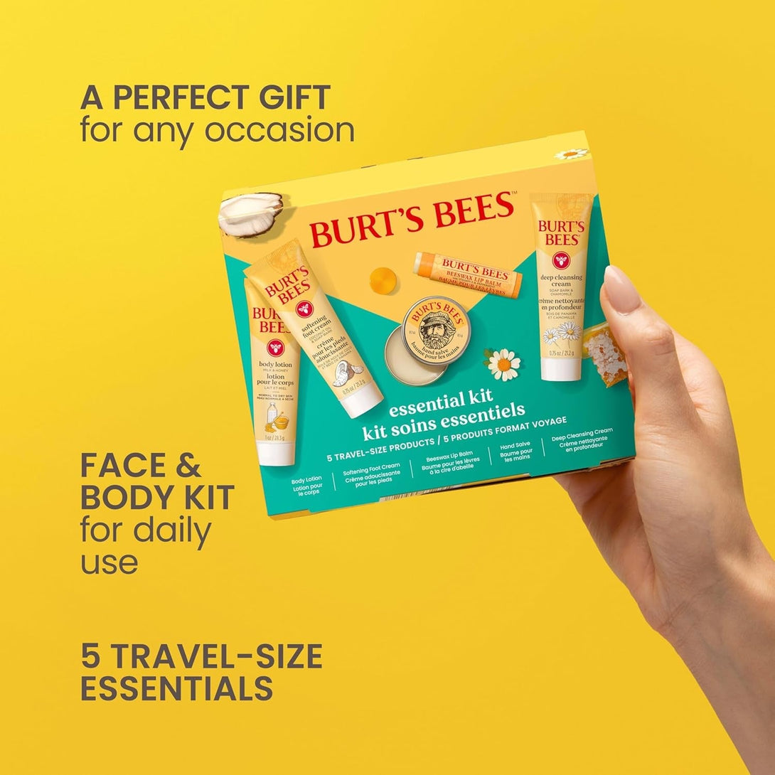 Burt'S Bees Gift Ideas - Essentials Everyday Set, 5 Travel Size Products - Deep Cleansing Cream, Hand Salve, Body Lotion, Foot Cream and Original Lip Balm