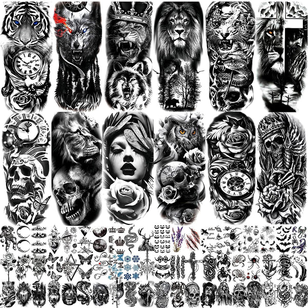 72 Sheets Temporary Tattoo for Men Women Adults, Include 12 Sheets Black 3D Half Sleeve Temporary Tattoos, Halloween Tattoos Scary Lion Wolf Tiger Skull Skeleton Tattoos Stickers