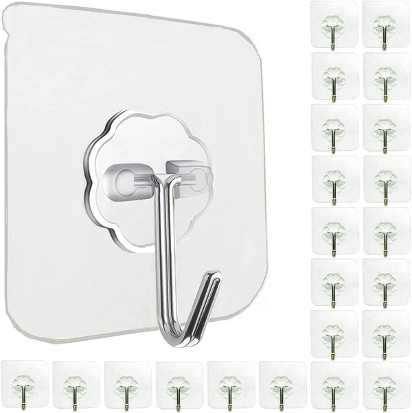 24 Pack Heavy Duty Self Adhesive Hooks - 33Lb Max, Transparent, Waterproof, Sticky Wall Hooks for Keys, Bathroom, Shower, Outdoor, Kitchen, Door, Home Improvement, Utility