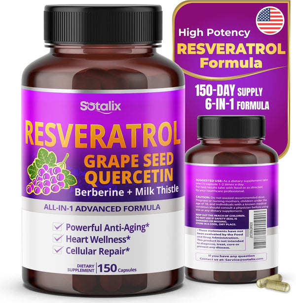 Resveratrol 24,000Mg with Grape Seed + Quercetin Berberine + Milk Thistle Powerful Anti-Aging - USA Made & Tested (150-Day Supply (Pack of 1))