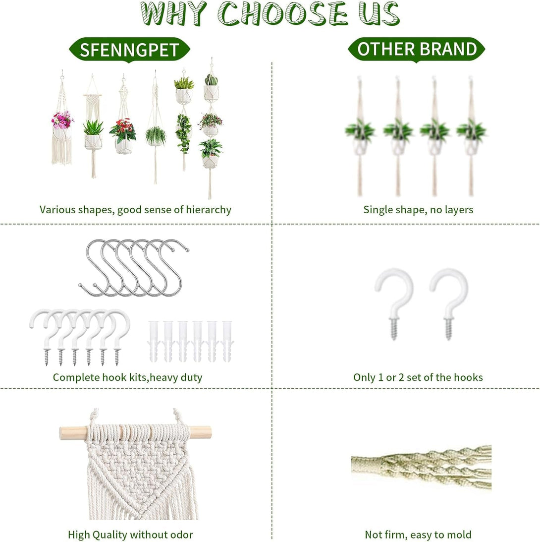 Macrame Plant Hangers, 6Pack Hanging Planters for Indoor Plants W/ 6 Set Hangers Kit Handmade Macromay Plant Hangers Indoor Flower Pots Holder Stand for Boho Home Décor (POTS NOT Included)