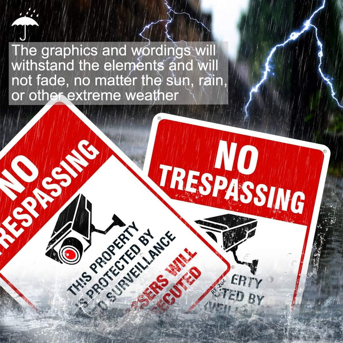 Large Video Surveillance Signs Outdoor,No Trespassing Sign Aluminum 10X14 Inch UV Ink Printed for House and Business (4-Pack)