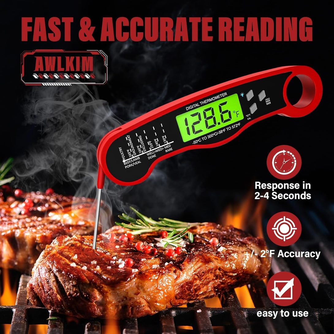 Instant Read Meat Thermometer for Grill and Cooking, Waterproof Fast Food Thermometer with Backlight, Digital Food Probe for Kitchen Cooking, Candy Making, outside Grill - Red
