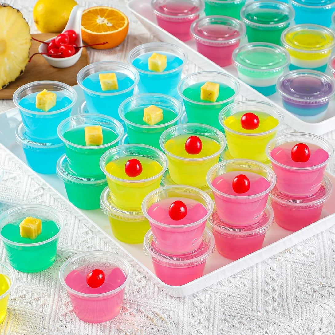 AOZITA 100 Sets - 4 Oz Portion Cups with Lids, Jello Shot Cups, Small Plastic Containers, Airtight and Stackable Souffle Cups