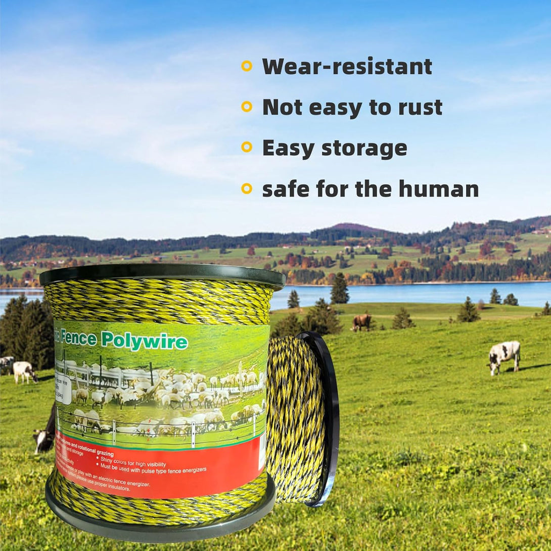 Upgraded Electric Fence Polywire 3366 Feet 1026 Meters, 6 Stainless Steel Strands for Reliable Conductivity and Rust Resistance, Easy to Install,Portable Electric Fencing,Yellow and Black Color