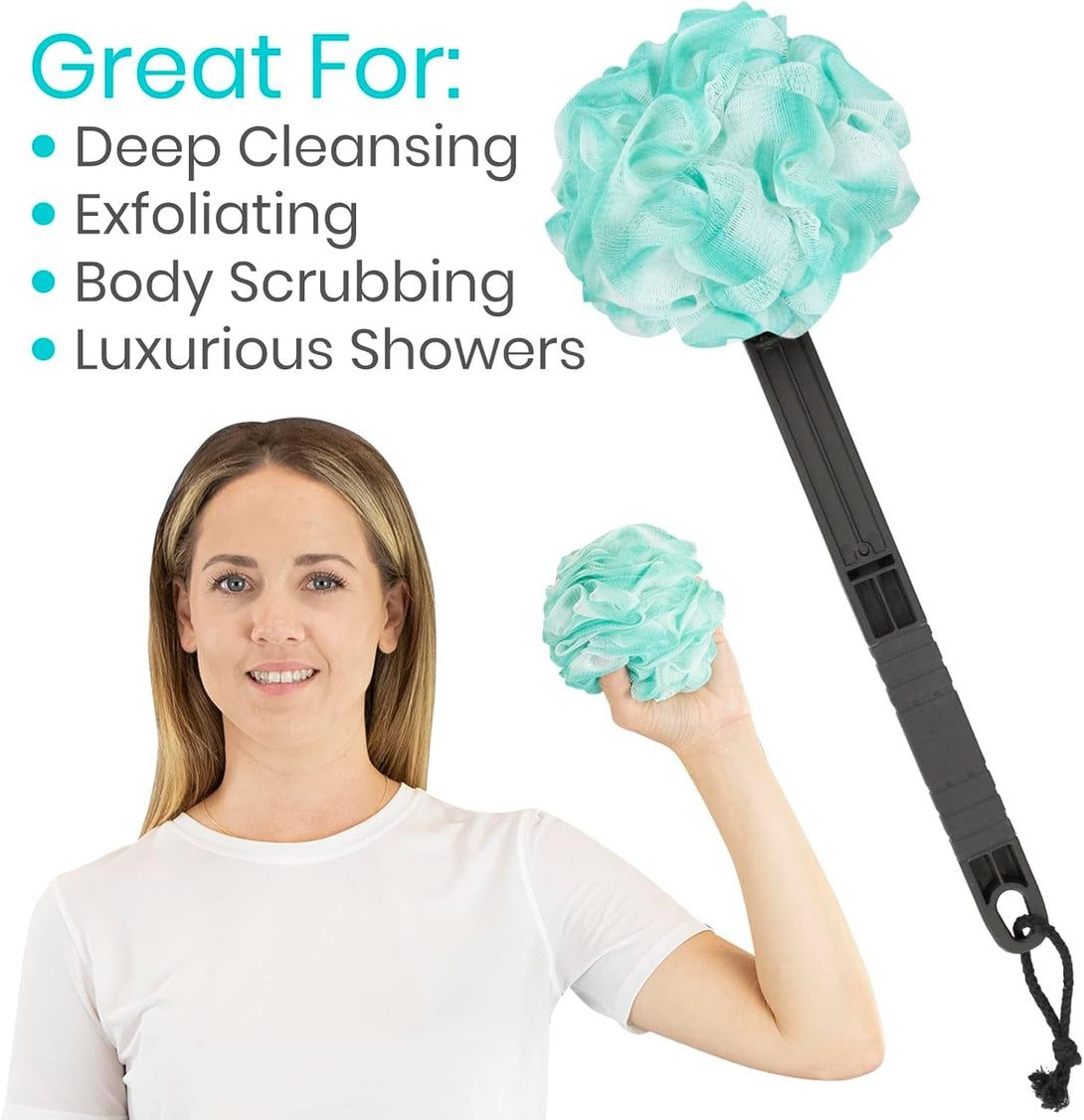 Vive Loofah Sponge Replacement (4 Pk) Shower & Bath Pouf Scrubber for Back & Body Exfoliation, Works with Vive Interchangeable Loofa Handle Long Brush (Replacement Sponge Black and Blue (4 Pack), 4)