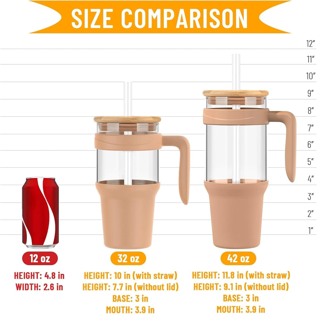 Tronco 40 Oz Glass Tumbler with Straw and Lid, Reusable Glass Tumbler with Handle, Iced Coffee Cup with Bamboo Lid, Glass Water Bottles Fit in Cup Holder, Carbonfree, Lead-Free, Bpa-Free