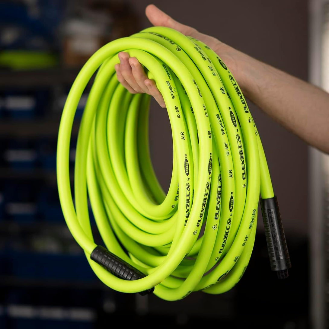 Flexzilla Air Hose, 3/8 In. X 50 Ft., 1/4 In. MNPT Fittings, Heavy Duty, Lightweight, Hybrid, Zillagreen - HFZ3850YW2