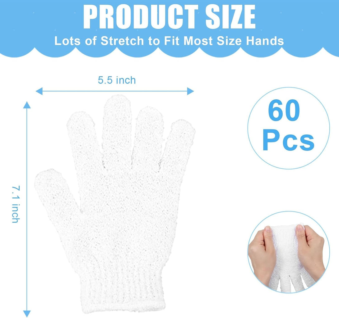 60Pcs Exfoliating Gloves Bulk, Scrub Gloves Exfoliating Body Scrubber Glove Exfoliator for Body Scrub Mitt, Bath Gloves for Shower Exfoliating Shower Gloves for Women Bathing Accessories(White)