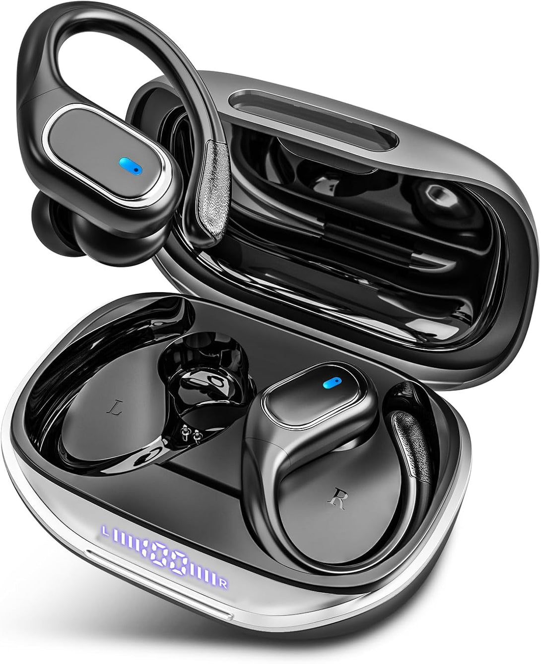 Wireless Earbuds Bluetooth Headphones 80Hrs Playtime Ear Buds IPX7 Waterproof Sports Earphones Wireless Charging Case Over-Ear Earhooks Headest - Black