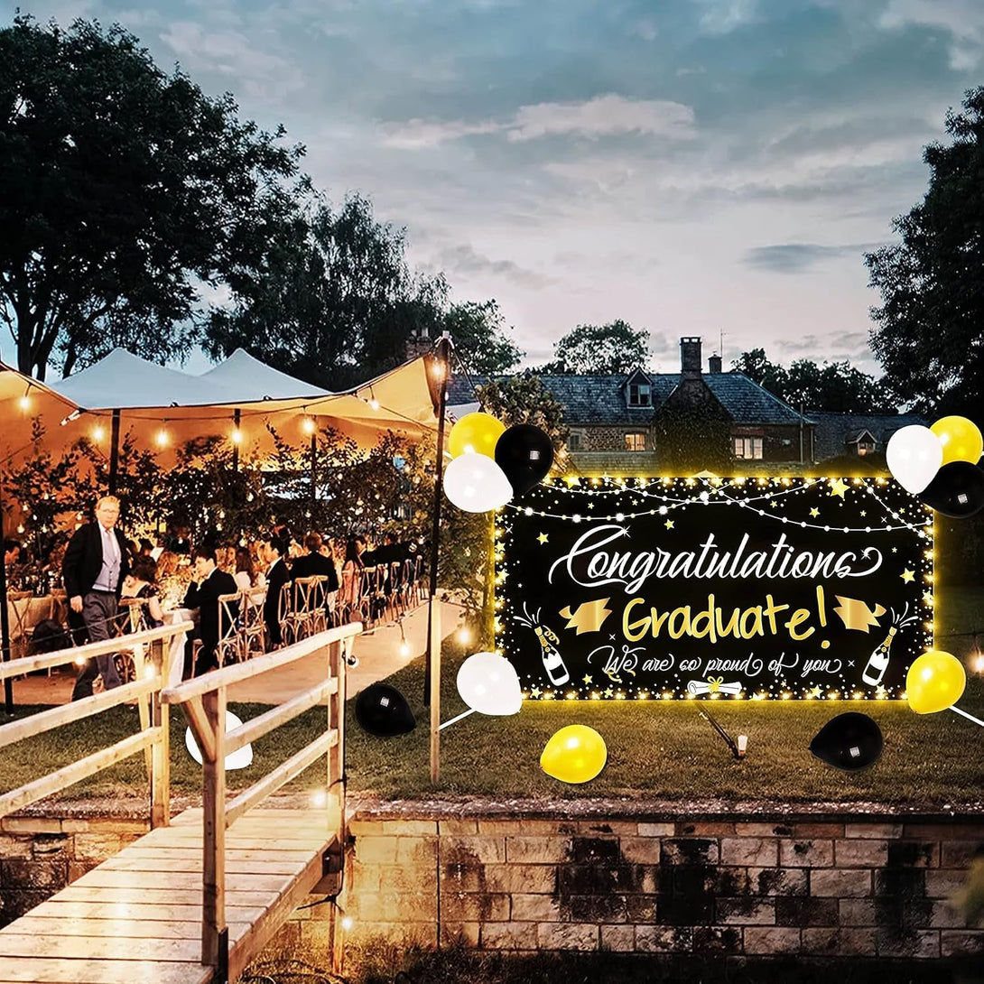 90Shine Graduation Decorations Class of 2025 - Lighted Large Congrats Grad Banner Garland Photo Backdrop+Balloons+Hanging Swirls Party Supplies (25PCS, Black, Not Include Battery)