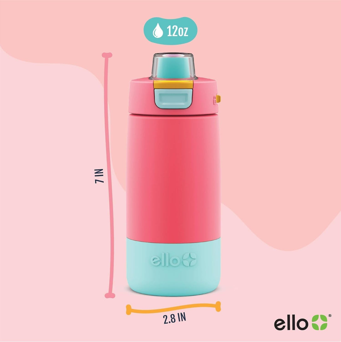 Ello Kids Colby 12Oz Stainless Steel Insulated Water Bottle with Straw and Built-In Silicone Coaster Carrying Handle and Leak-Proof Locking Lid for School Backpack, Lunchbox, and Outdoor Sports