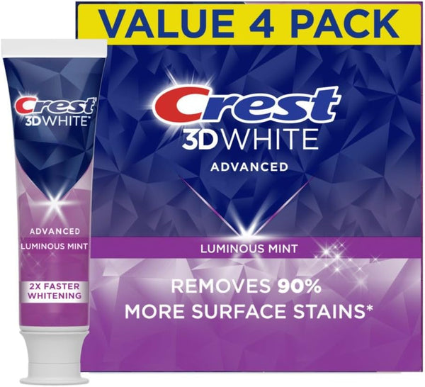 Crest 3D White Advanced Luminous Mint Teeth Whitening Toothpaste, Crest Toothpaste, 3.7 Oz Pack of 4 - Helps Remove Surface Stains, Whitens Teeth, Strengthens Tooth Enamel, Protects against Cavities