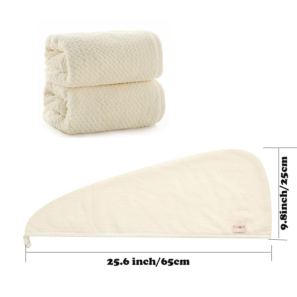 2 Pack Microfiber Hair Towel Wrap,Hair Drying Towel with Button, Absorbent and Soft,Anti-Frizz Head Towel to Dry Hair Quickly(Beige&Beige)