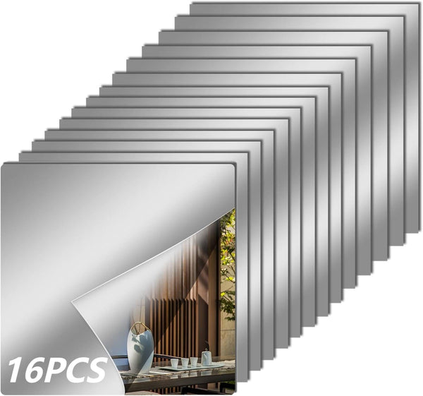 16 Pcs Flexible Mirror Reflective Stickersï¼ŒNon Glass Safety Reflective Mirror, 12 X 12 in Self Adhesive Square Cuttable Acrylic Film Mirror for DIY Craft Home Wall Decoration