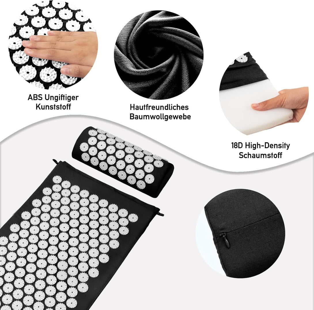 Acupressure Mat Set, Acupuncture Point Massage Pillow, Relieving Neck and Back Pain, Muscle Relaxation and Stress Reduction, Sciatica Relief, Suitable for Men and Women, Carry a Handbag, Black White