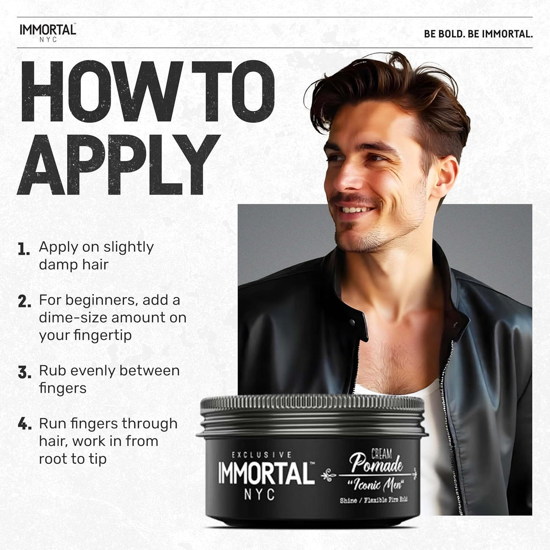 Immortal NYC Iconic Men Cream Pomade - Flex Medium/Stong Hold - Low Shine All Natural Water-Based Hair Cream Pomade for Men - No Residue, All Hair Types