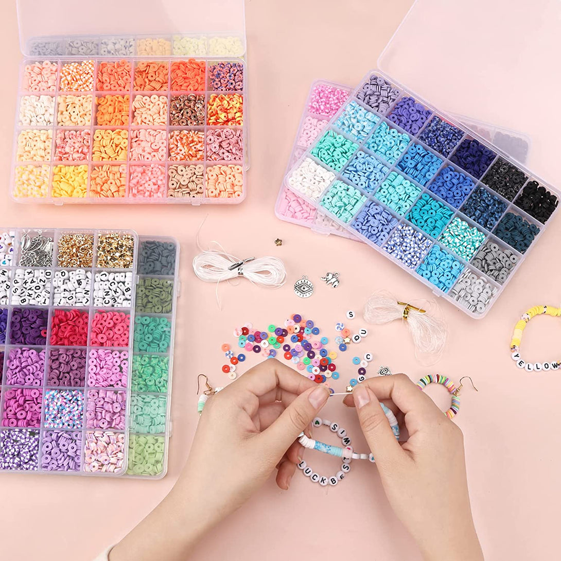 QUEFE 14000 PCS 136 Colors Clay Beads Bracelet Making Kit 6 Boxes Friendship Bracelet Kit Flat Polymer Clay Beads Spacer Heishi Beads for Jewelry Making with Pendant Charms Kit