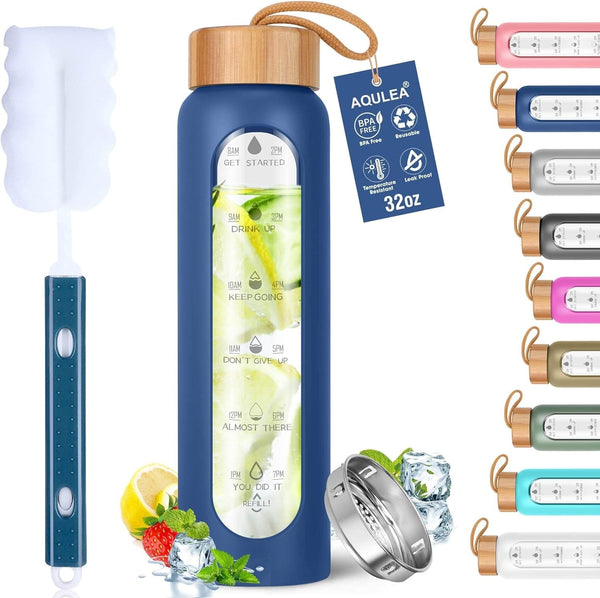 Aqulea Glass Water Bottles 32 Oz with Silicone Sleeve - BPA Free Reusable Wide Mouth Glass Motivational Water Bottles with Fruit Infuser â€“ Leak Proof Borosilicate Water Bottle with Time Marker (Blue)