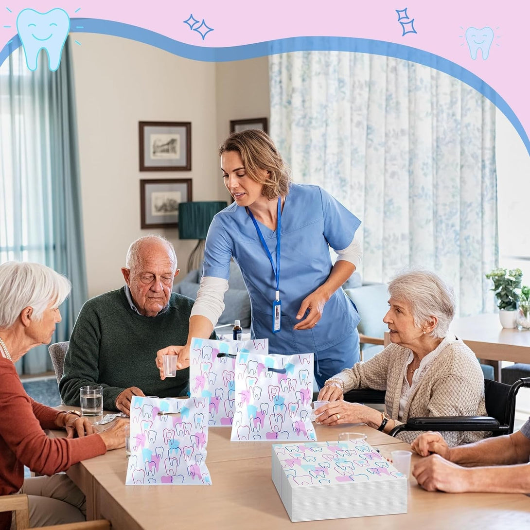 Aliceset 300 Pcs Tooth Merchandise Bags with Handles Plastic Dental Bags for Patients Dental Gifts Bulk for Dentist Office Goodie Packaging Appreciation Gifts Retail Party Favor, 8.27X9.45In (Stylish)