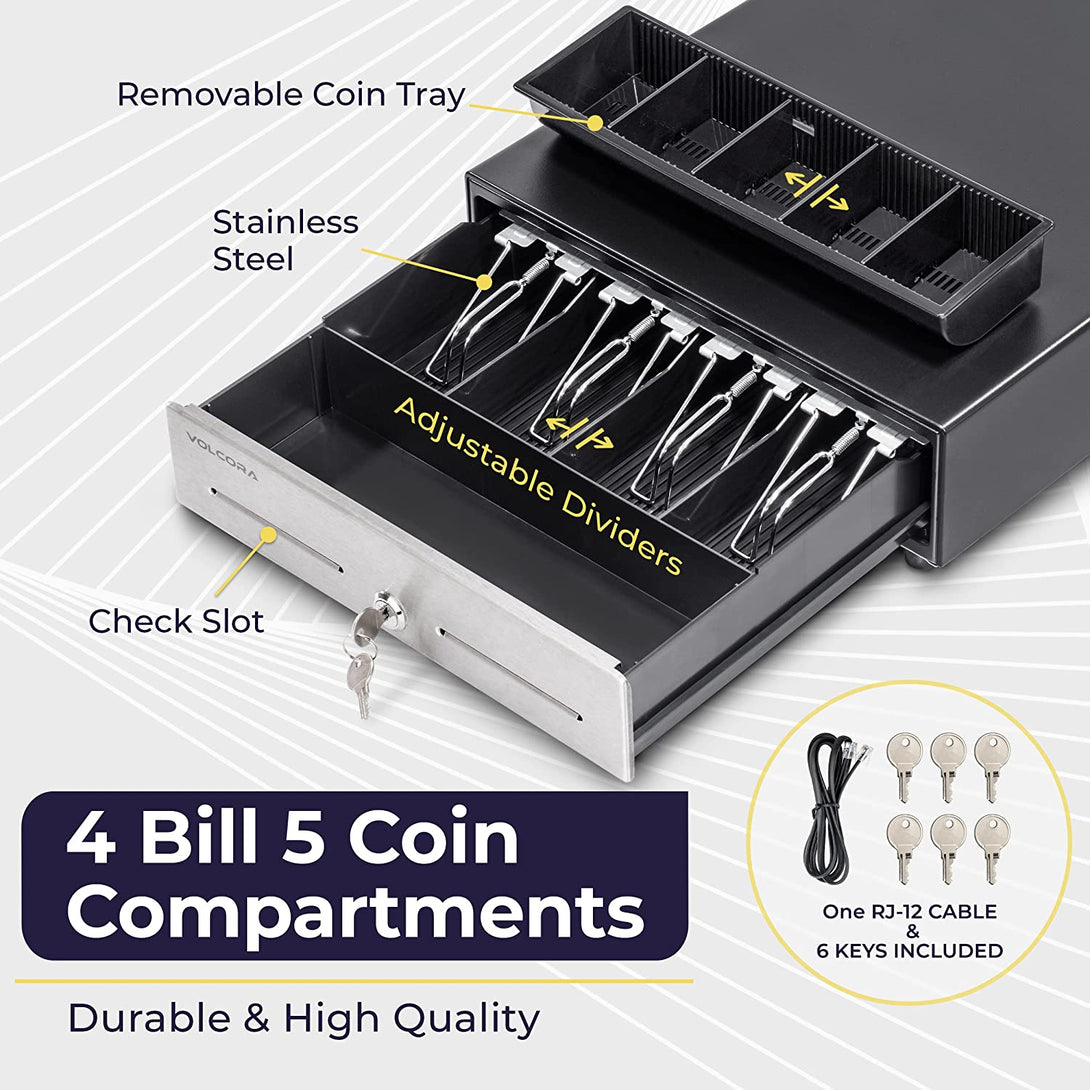 Volcora 13" Cash Register Drawer for Point of Sale (POS) System, 4 Bill 5 Coin Cash Tray, Black and Stainless Steel Front Cash Drawers, Removable Coin Compartment, 24V, RJ11/RJ12 Key-Lock, Media Slot