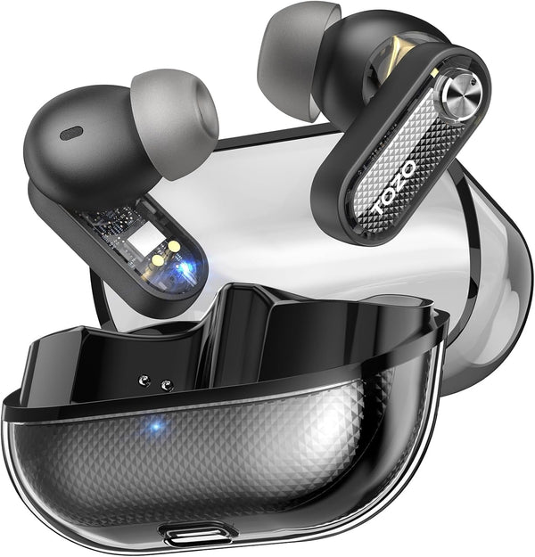 TOZO Hybrid Active Noise Cancelling Wireless Earbuds, 10Mm Drivers Deep Bass Stereo Sound, 4 Mics Smart ENC AI Calls, 32 EQ Customization via App, Bluetooth 5.4 Headphones, Crystal Case Design