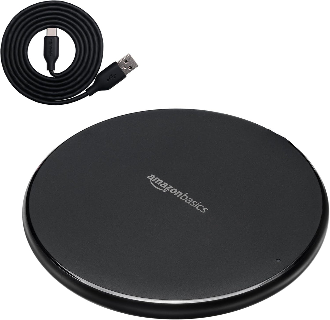 Amazon Basics 15W Qi Certified Wireless Phone Charger Pad, Fast Charging Pad for Iphone 16/15/14/13/12/11/X, Samsung and More, with USB Cable, Black