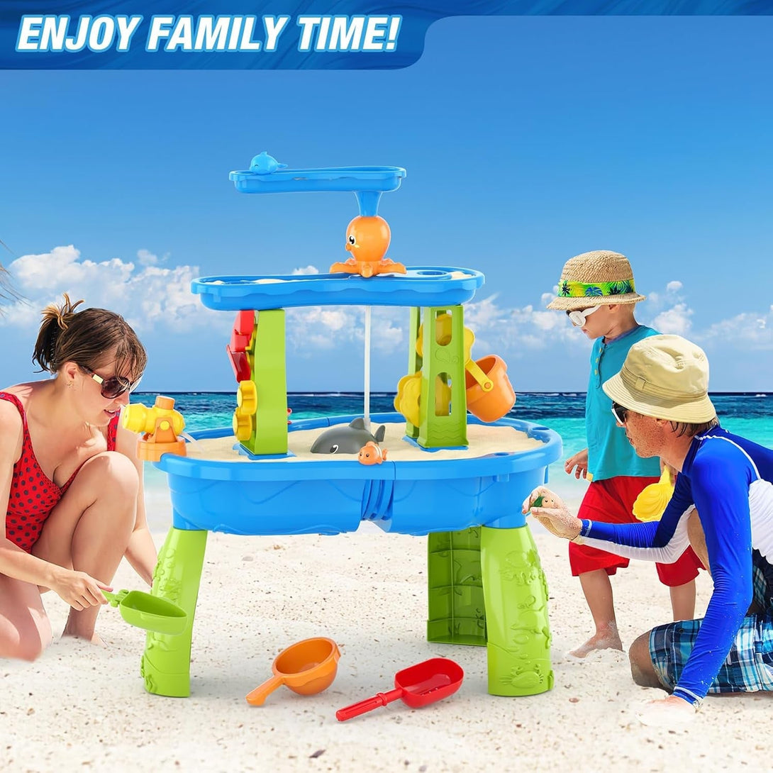 Auto Water Table for Toddlers 3-5 with Water Pumb, 3-Tier Kids Sand Water Table, Rain Showers Splash Pond for Outdoor Beach Backyard Summer, Activity Sensory Play Table for Boys Girls