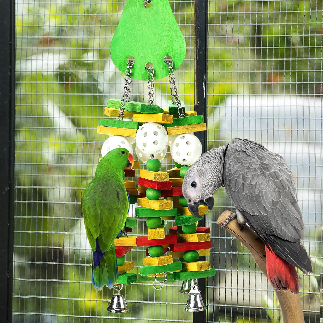 Large Bird Toys, Parrot Toys Gift for Macaws African Grey Amazon Parrots, Chewing Toy for Large Birds with Colorful Wooden Blocks Beads and Crisp Bells (Avocado Style)