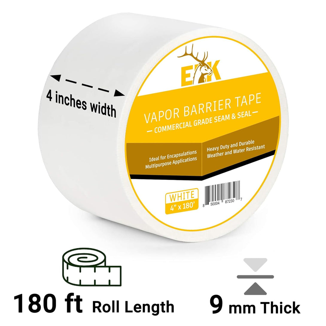 ELK Vapor Barrier Tape, PE 9Mm Polyethylene Tape, Moisture Barrier Seam and Seal for Crawlspace Encapsulations or Marine Use - Waterproof (4 Inch X 180 Feet, White, 1 Pack)