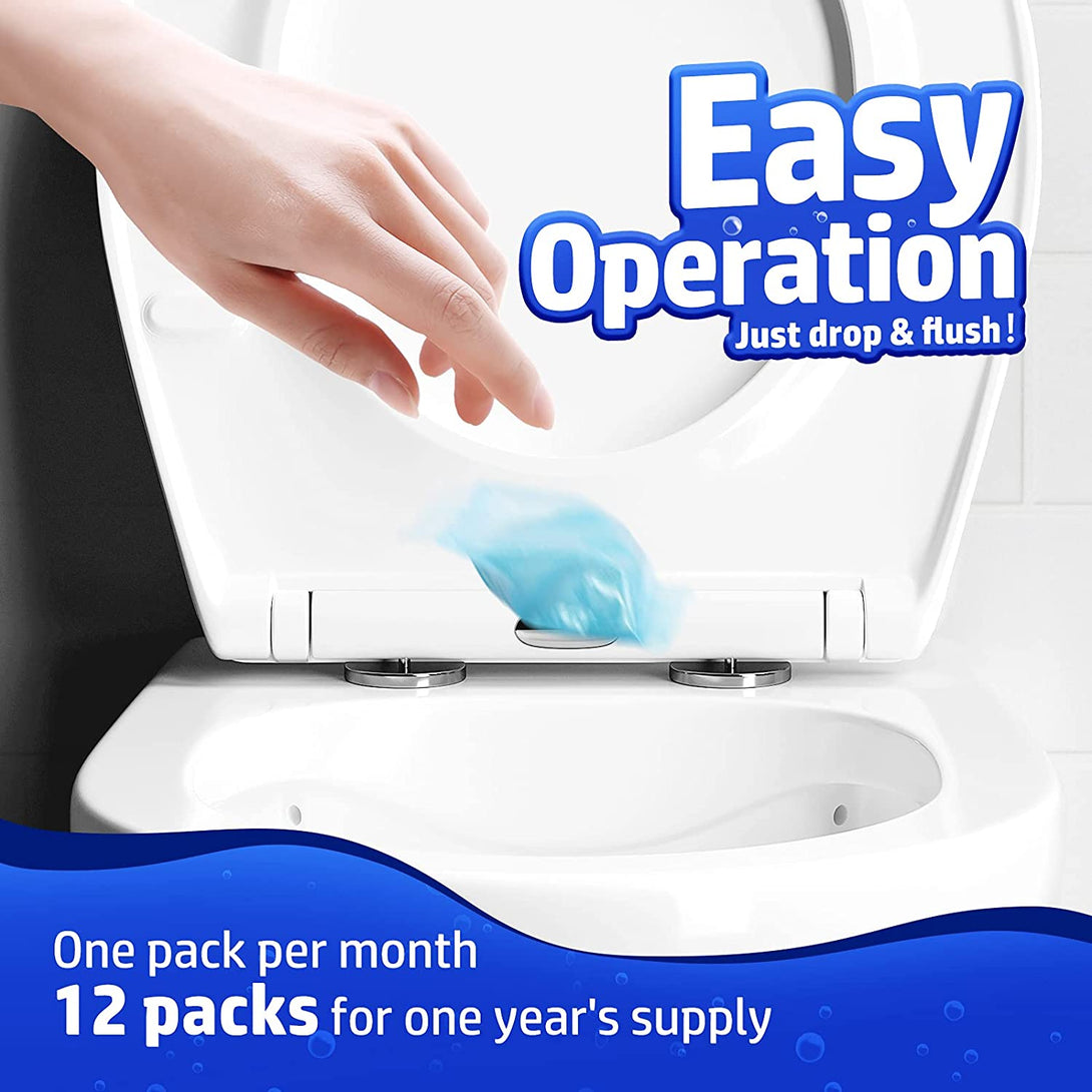 Vacplus Septic Tank Treatment 12 Pcs for 1-Year Supply, Dissolvable Packs with Easy Operation, Durable Biodegradable Enzymes for Wastes, Greases & Odors, Blue, 2X Efficiency