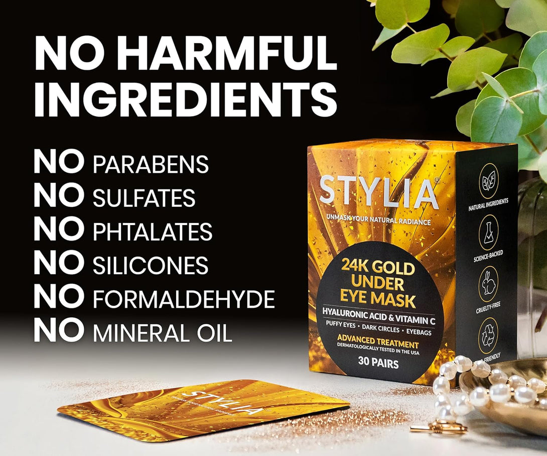 Stylia under Eye Patches for Dark Circles and Puffy Eyes (30 Pairs) - 24K Gold under Eye Mask with Vitamin C, Hyaluronic Acid, Pearl Extract - Eye Masks for Dark Circles and Puffiness