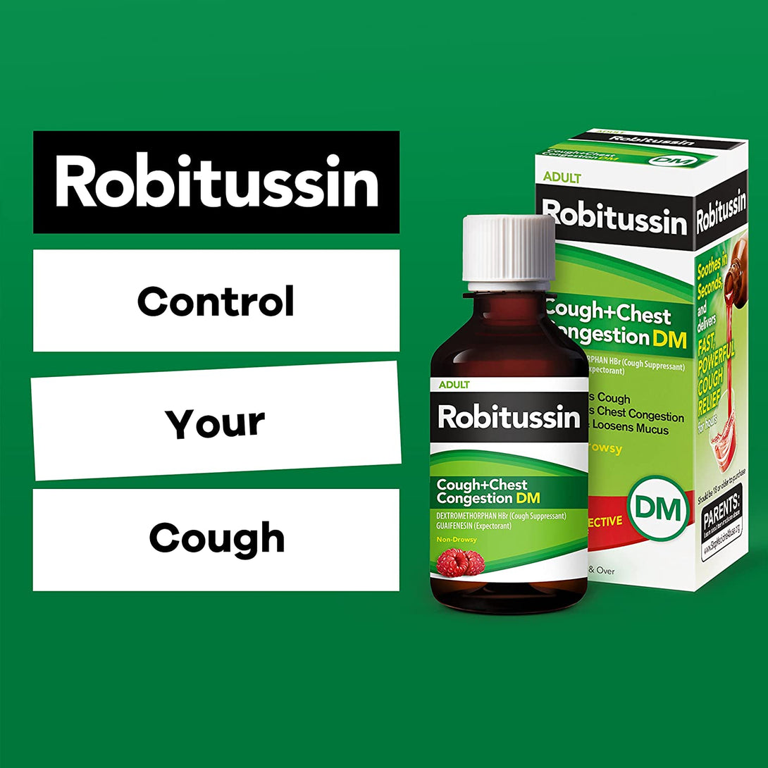 Robitussin Cough and Chest Congestion DM, Cough Suppressant and Expectorant, Raspberry Flavor - 8 Fl Oz Bottle