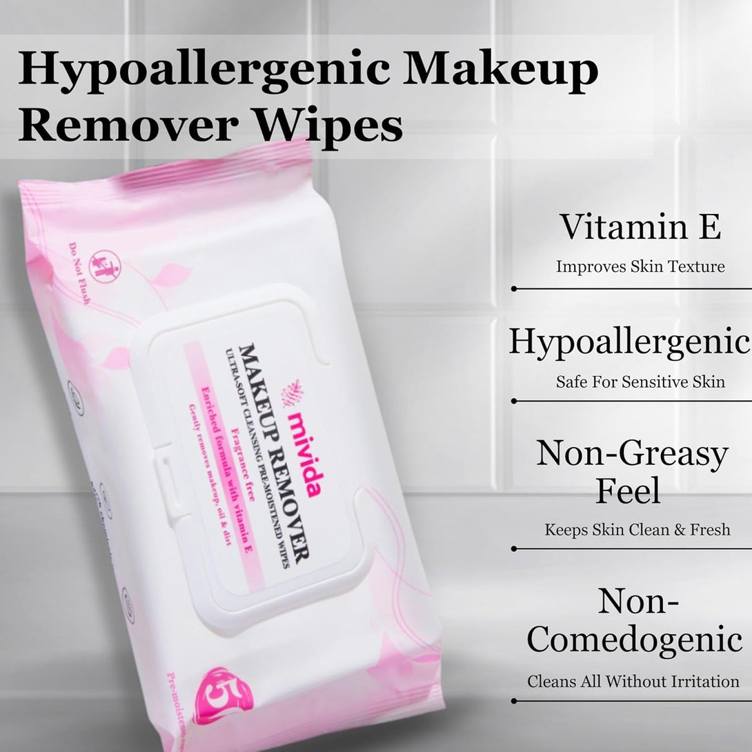 Mivida Hypoallergenic Makeup Remover Wipes | Daily Cleansing Facial Towelettes with Vitamin E for Sensitive Skin | 50 Count Fragrance-Free, Alcohol-Free Face Wipes