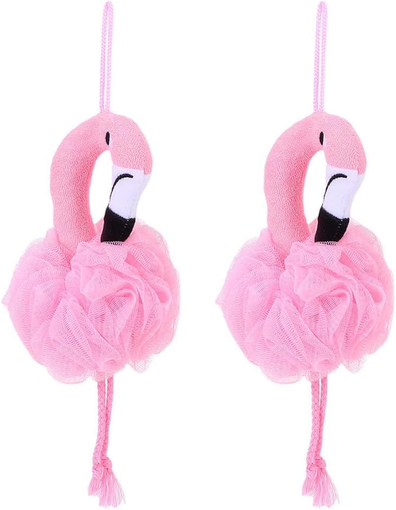 Mesh Bath Ball Sponges, 2Pcs Flamingo Bath Loofah Sponge Body Shower Scrubber Exfoliating Mesh Pouf Shower Ball Bath Sponges Loofah Towels for Women and Men Bathing Accessories
