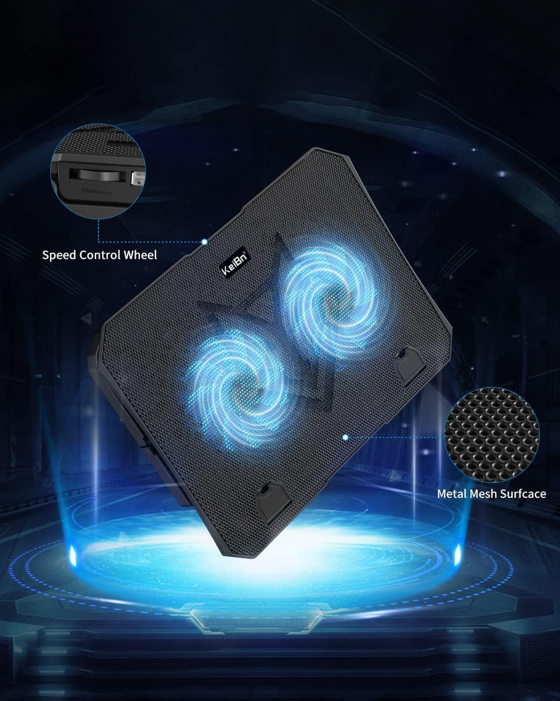 Keibn Laptop Cooling Pad, Gaming Laptop Cooler 2 Fans for 10-15.6 Inch Laptops, 5 Height Stands, 2 USB Ports (S039)