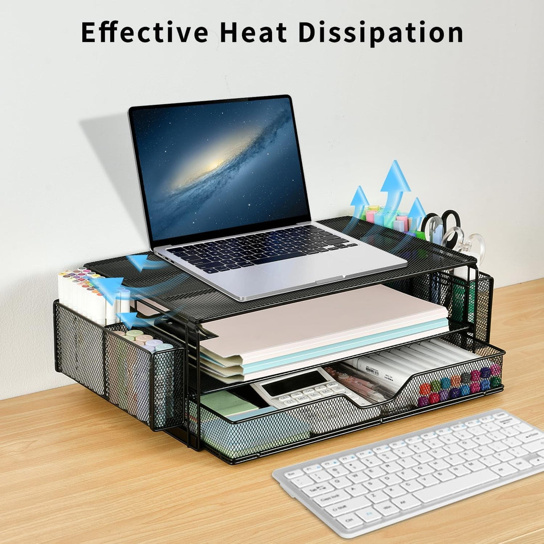 AUPSEN 2 Tier Computer Monitor Stands with Drawer and 2 Pencil Holder, Metal Monitor Stand Monitor Riser, Computer Desk Organizer and Accessories for Laptop, Computer, Printer, Office Supplies(Black)