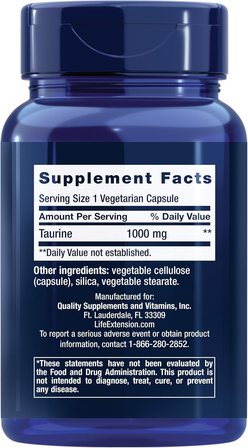 Life Extension Taurine, Pure Taurine Amino Acid Supplement, Heart, Liver and Brain Health, Longevity, Muscle and Exercise, 1000 Mg Dose, Non-Gmo, Gluten-Free, Vegetarian, 90 Vegetarian Capsules