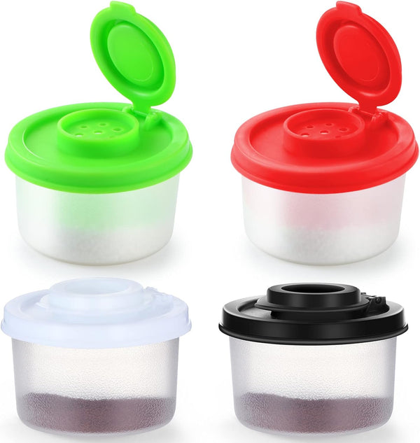 4 Pcs Salt and Pepper Shakers Set Mini Plastic Pepper Shaker with Lid Damp Proof Popcorn Containers Clear Spice Jars Salt Shaker for Travel Camping Picnic Lunch Dining Kitchen (Colorful, Small)