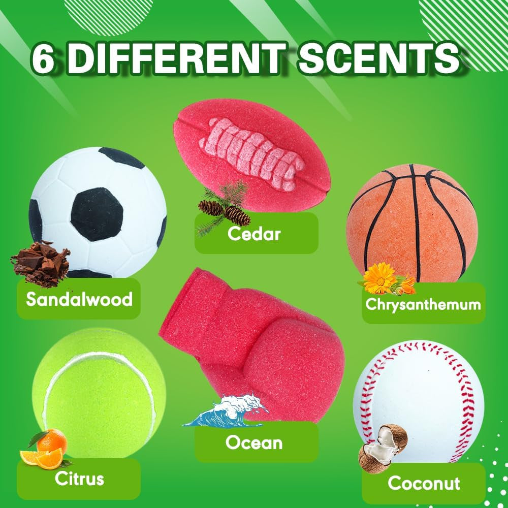 Bath Bombs for Kids, Extra Large Sports Bathbomb Set with 6 Sports Themes, All Natural Bath Bomb for Women and Men, Surpise inside Every Box of Bathbombs, Lasting Bath Fizzies for the Entire Family