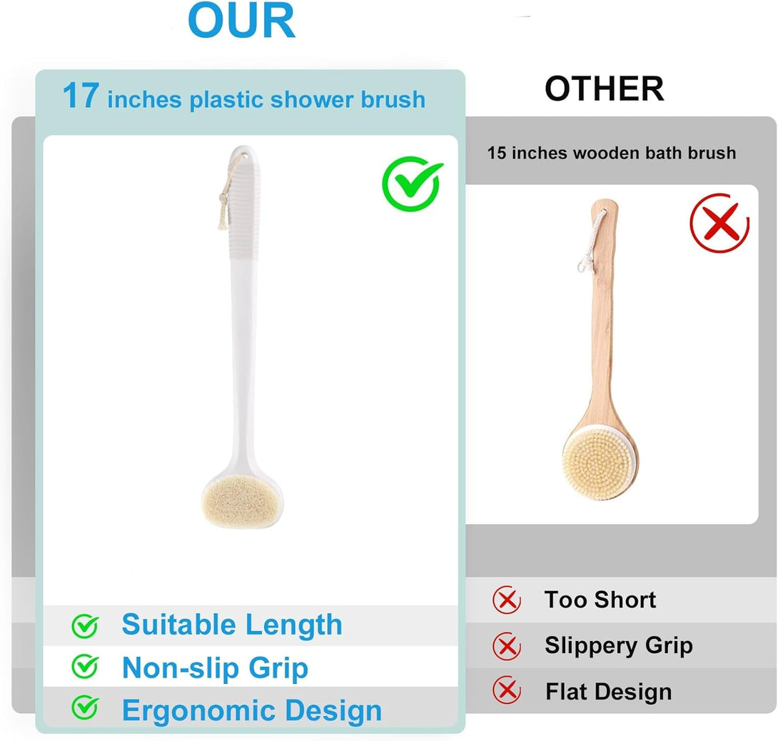 VANZAVANZU Back Scrubber for Shower, Bath Brush with 17-Inch Long Anti-Slip Handle, Wet and Dry Brushing Body Brush for Body Cleansing, Back Brush for Men and Women (White)