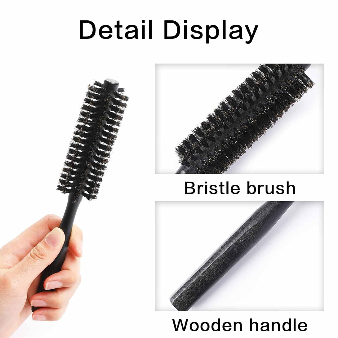 Round Mini Portable Curling & Beard Hair Brush with Natural Wooden Handle - Boar Bristle Blow Drying & Styling Brush for Women and Men