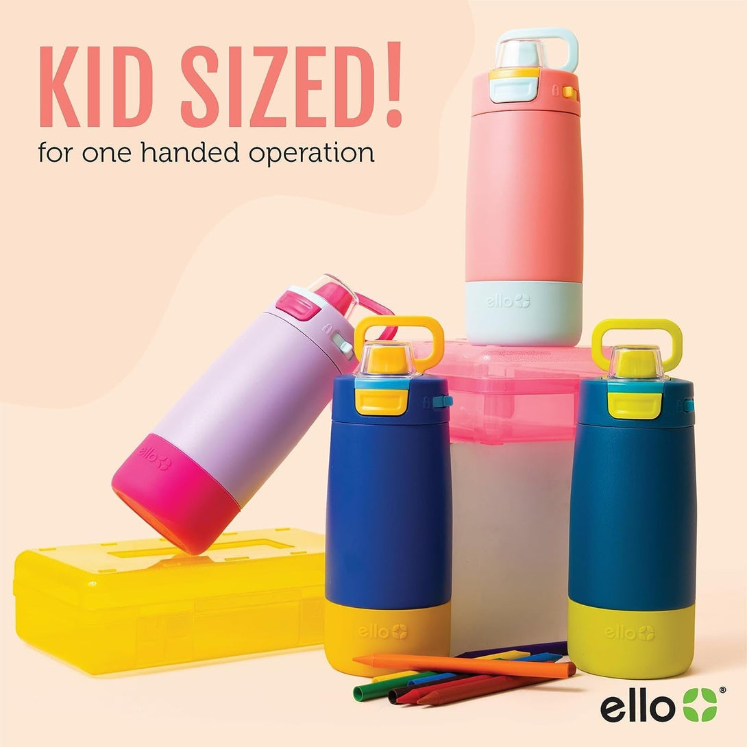 Ello Kids Colby 12Oz Stainless Steel Insulated Water Bottle with Straw and Built-In Silicone Coaster Carrying Handle and Leak-Proof Locking Lid for School Backpack, Lunchbox, and Outdoor Sports