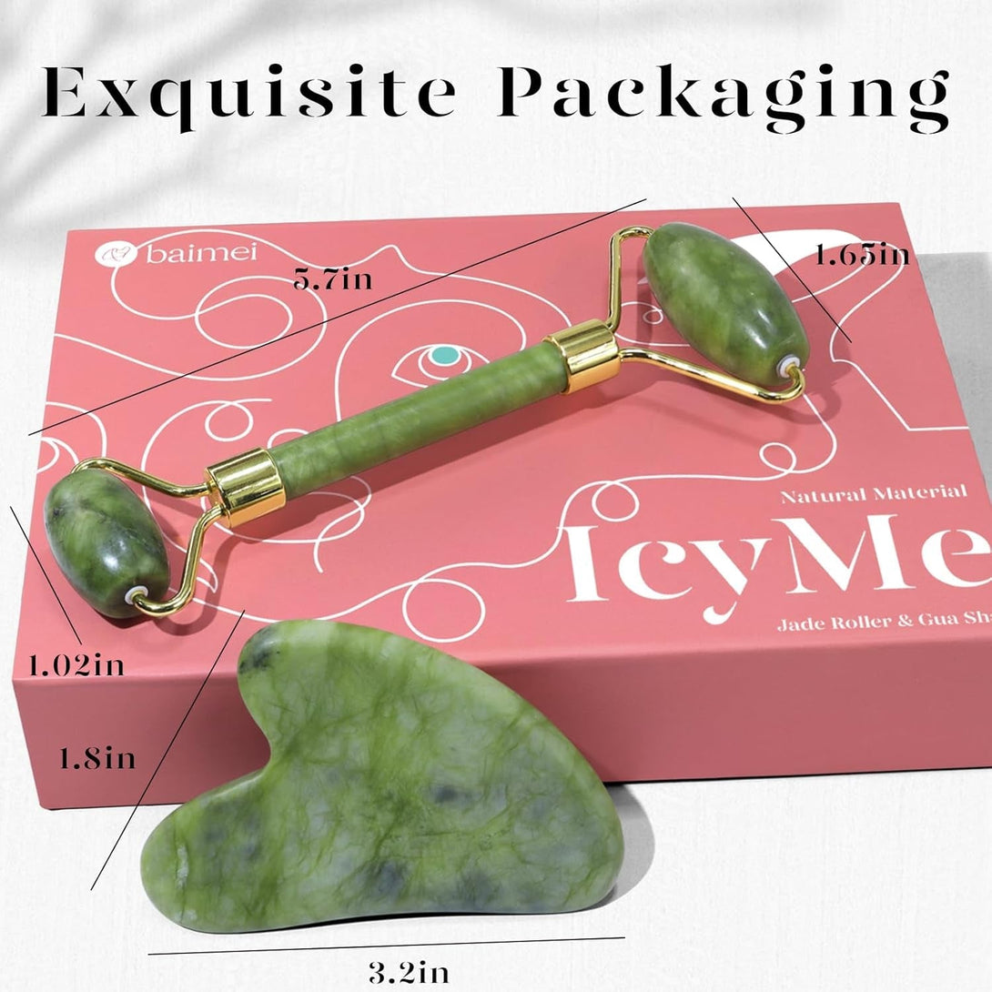 BAIMEI Icyme Gua Sha & Jade Roller Facial Tools Face Roller and Gua Sha Set for Puffiness and Redness Reducing Skin Care Routine, Self Care Gift for Men Women - Green